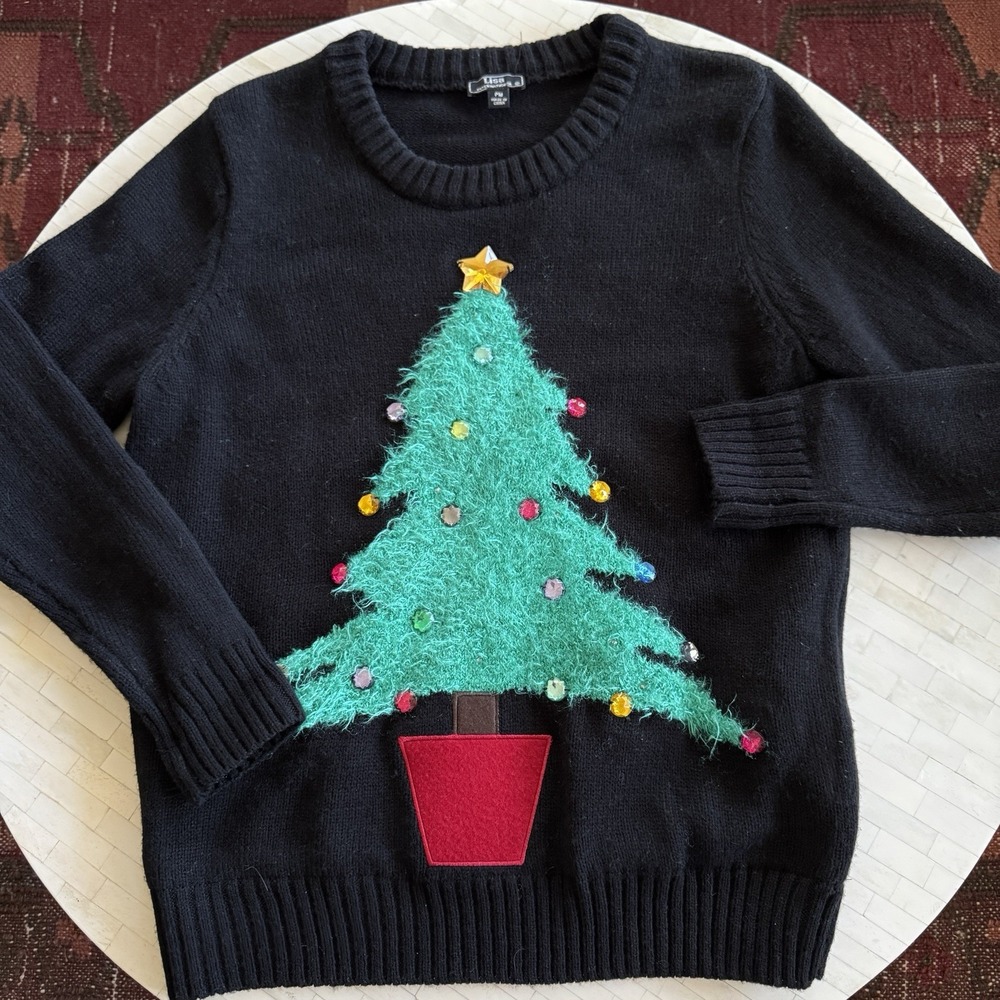 Lisa International Christmas Tree Gemstone Sweater PM Holiday Fuzzy Knit Vtg